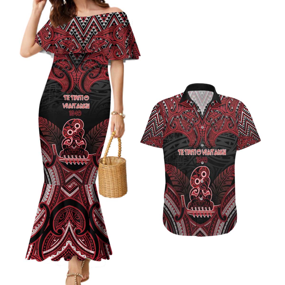 Personalised New Zealand Waitangi Day Couples Matching Mermaid Dress and Hawaiian Shirt Te Tiriti O Waitangi 1840 - Polynesian Pride