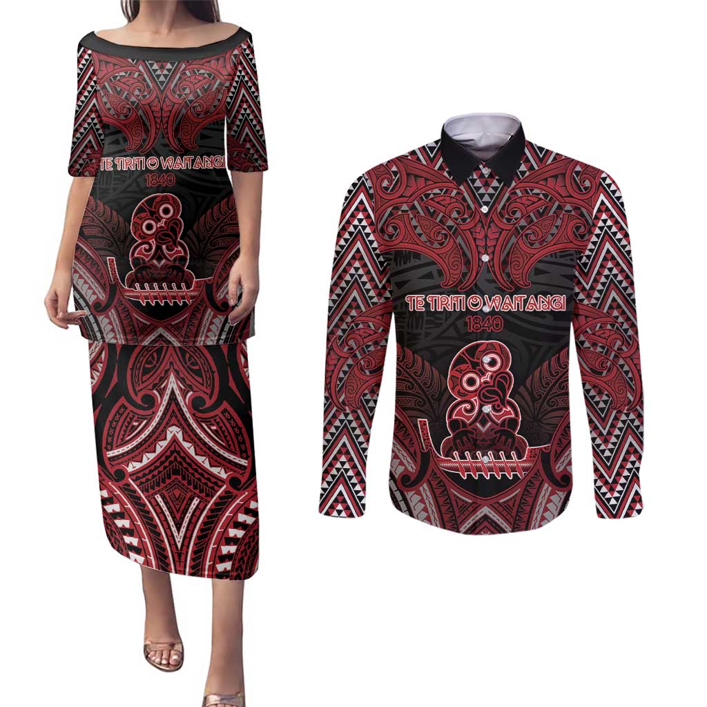 Personalised New Zealand Waitangi Day Couples Matching Puletasi and Long Sleeve Button Shirt Te Tiriti O Waitangi 1840 - Polynesian Pride