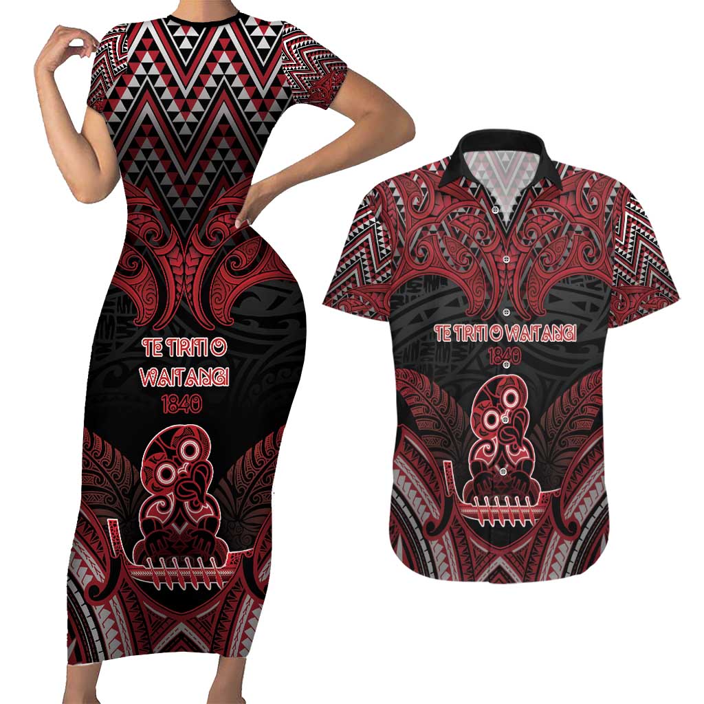 Personalised New Zealand Waitangi Day Couples Matching Short Sleeve Bodycon Dress and Hawaiian Shirt Te Tiriti O Waitangi 1840 DT05 Black - Polynesian Pride
