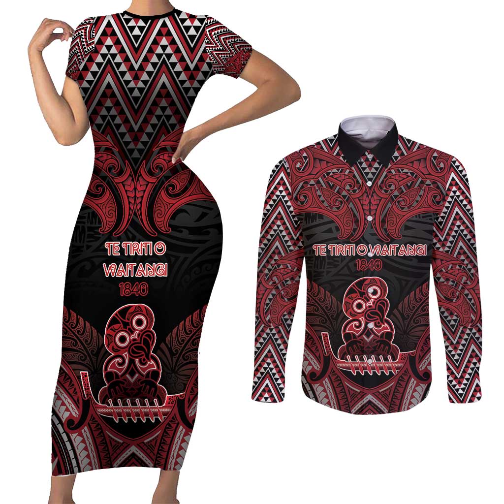 Personalised New Zealand Waitangi Day Couples Matching Short Sleeve Bodycon Dress and Long Sleeve Button Shirt Te Tiriti O Waitangi 1840 - Polynesian Pride
