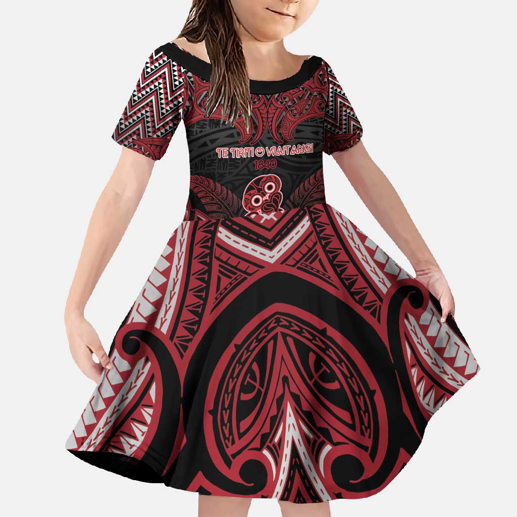 Personalised New Zealand Waitangi Day Family Matching Mermaid Dress and Hawaiian Shirt Te Tiriti O Waitangi 1840 DT05 Daughter's Dress Black - Polynesian Pride