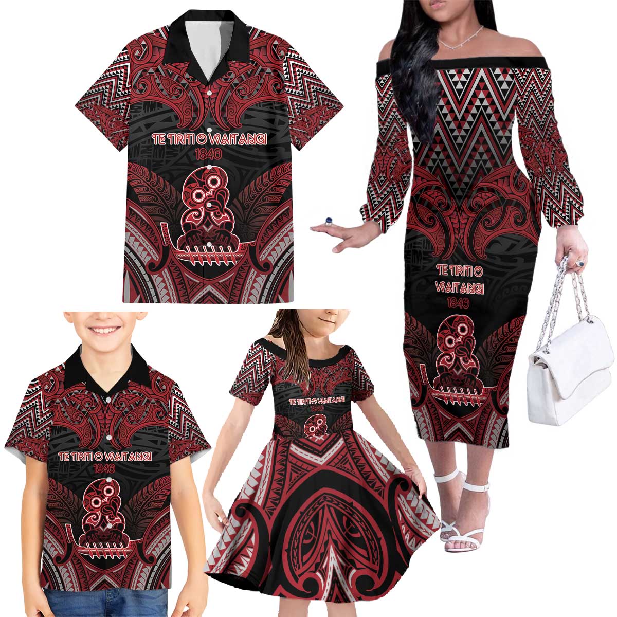 Personalised New Zealand Waitangi Day Family Matching Off The Shoulder Long Sleeve Dress and Hawaiian Shirt Te Tiriti O Waitangi 1840 DT05 - Polynesian Pride