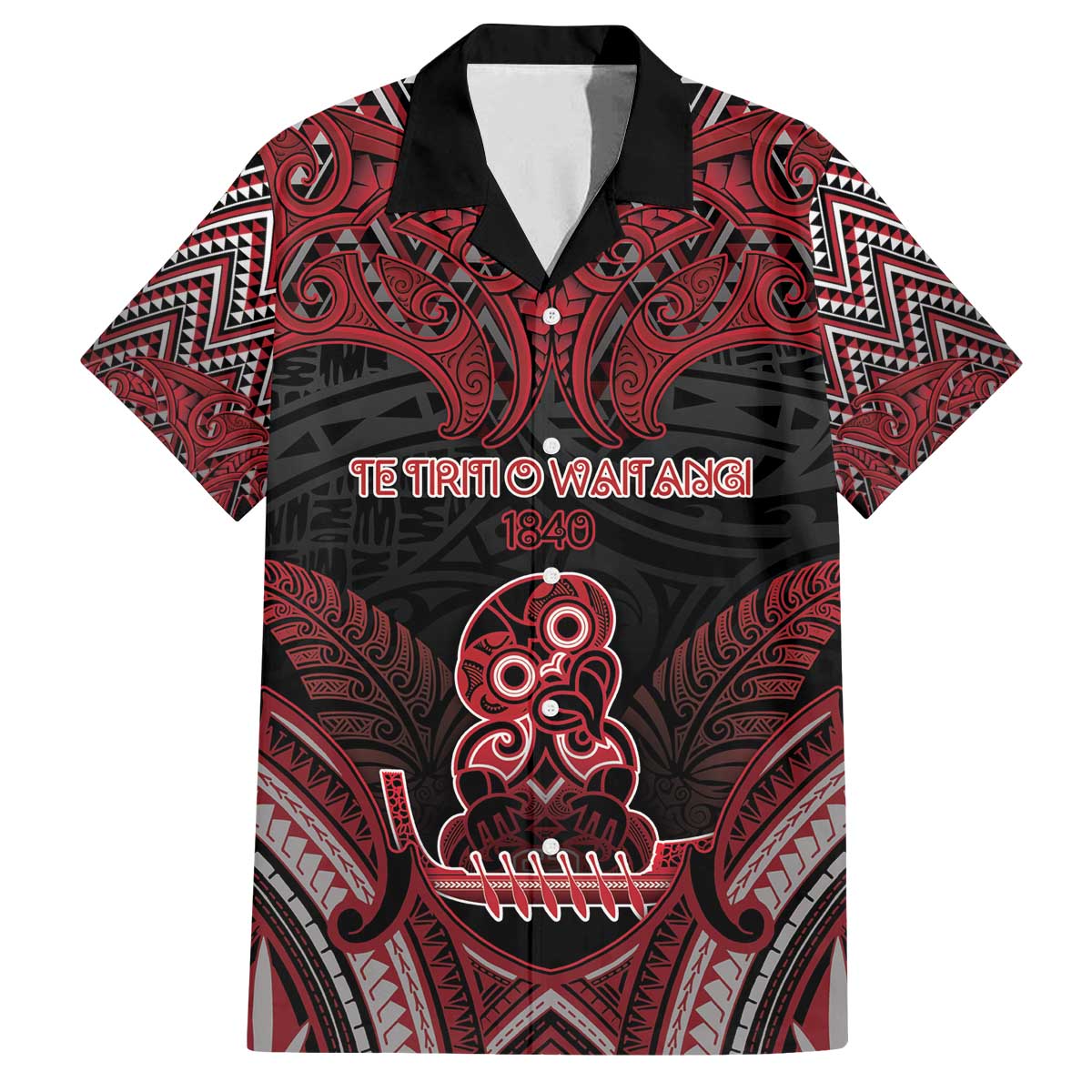 Personalised New Zealand Waitangi Day Family Matching Off The Shoulder Long Sleeve Dress and Hawaiian Shirt Te Tiriti O Waitangi 1840 DT05 Dad's Shirt - Short Sleeve Black - Polynesian Pride
