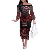 Personalised New Zealand Waitangi Day Family Matching Off The Shoulder Long Sleeve Dress and Hawaiian Shirt Te Tiriti O Waitangi 1840 DT05 Mom's Dress Black - Polynesian Pride