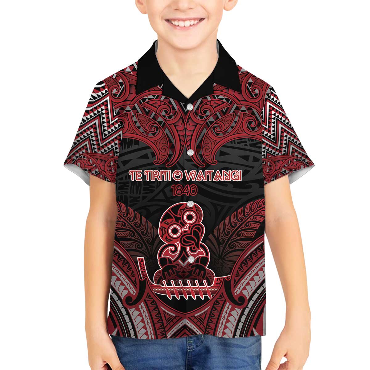 Personalised New Zealand Waitangi Day Family Matching Off The Shoulder Long Sleeve Dress and Hawaiian Shirt Te Tiriti O Waitangi 1840 DT05 Son's Shirt Black - Polynesian Pride