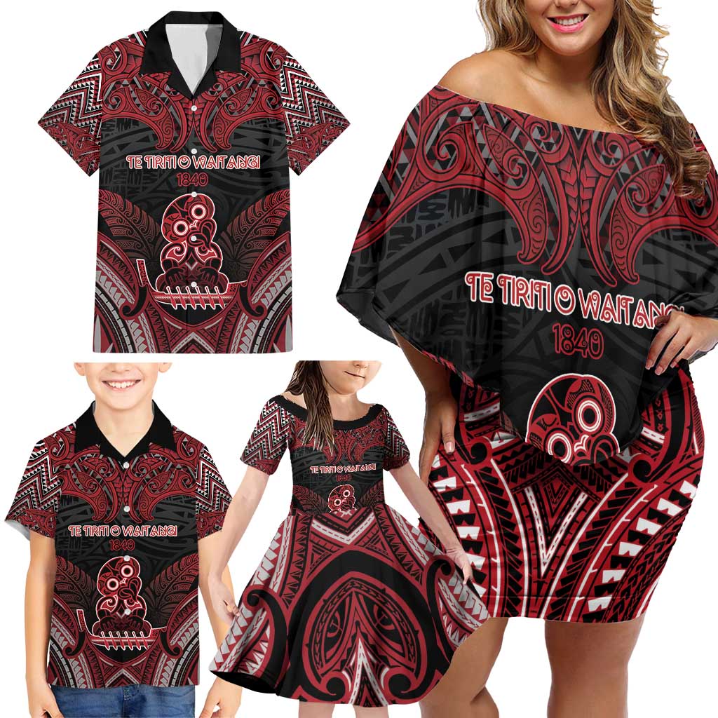 Personalised New Zealand Waitangi Day Family Matching Off Shoulder Short Dress and Hawaiian Shirt Te Tiriti O Waitangi 1840 DT05 - Polynesian Pride