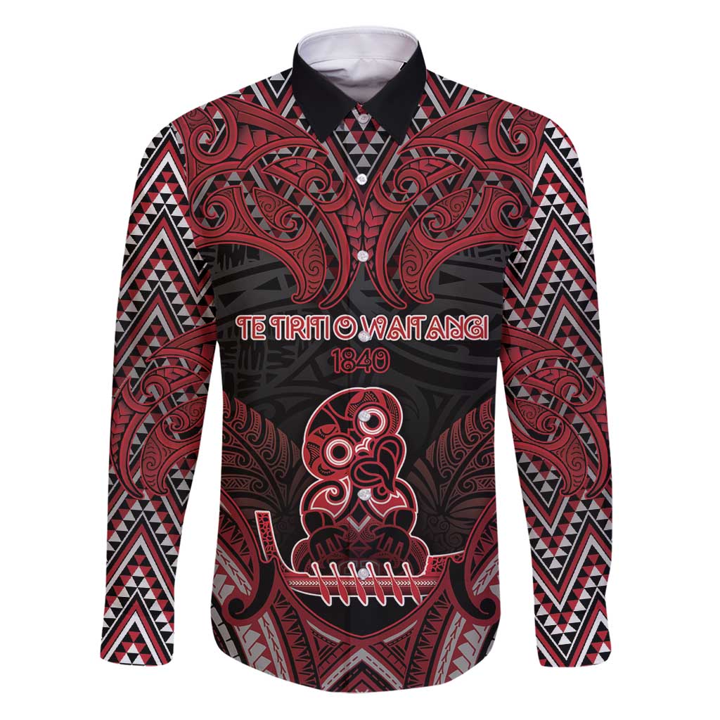 Personalised New Zealand Waitangi Day Family Matching Puletasi and Hawaiian Shirt Te Tiriti O Waitangi 1840 DT05 Dad's Shirt - Long Sleeve Black - Polynesian Pride