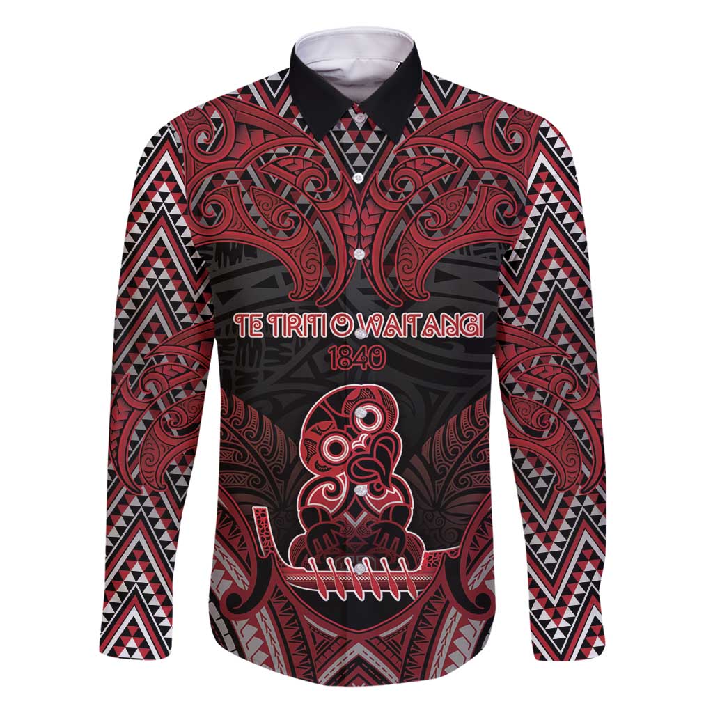 Personalised New Zealand Waitangi Day Family Matching Tank Maxi Dress and Hawaiian Shirt Te Tiriti O Waitangi 1840 DT05 Dad's Shirt - Long Sleeve Black - Polynesian Pride