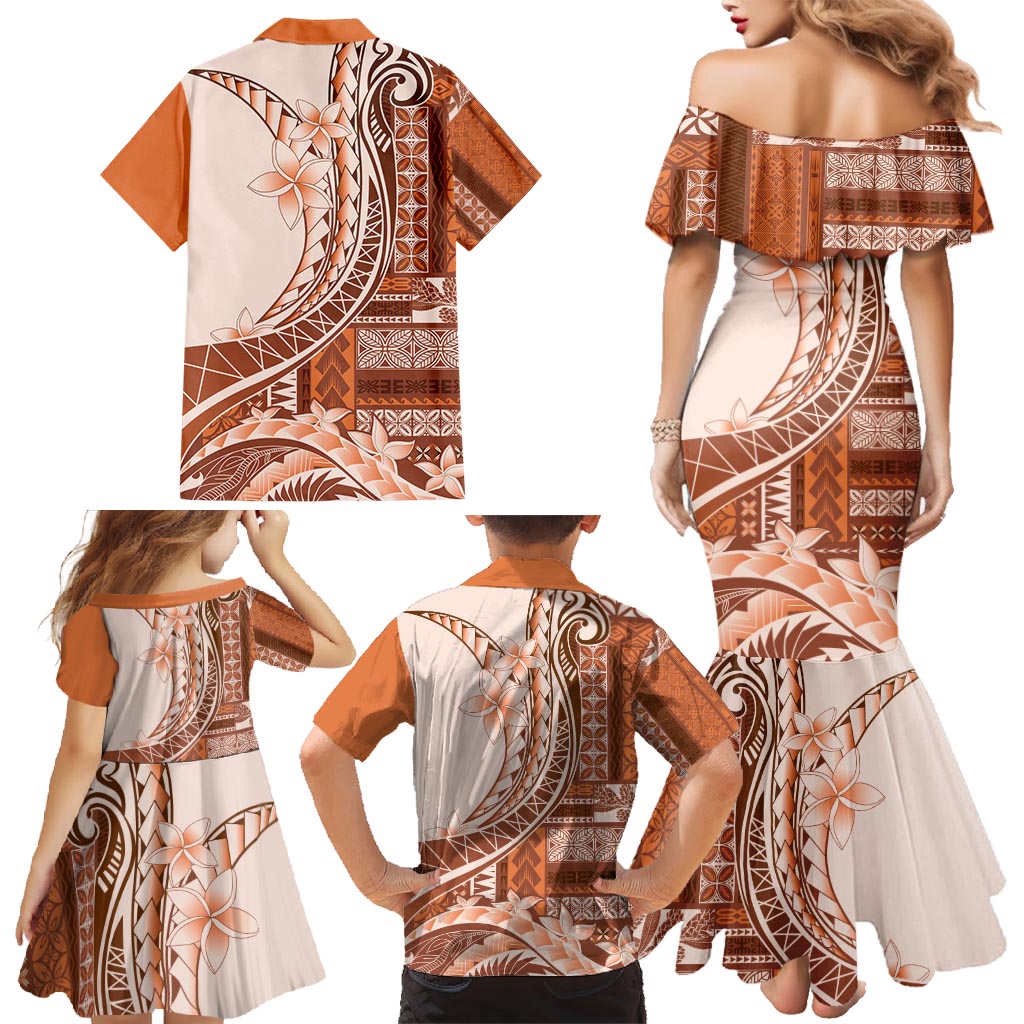 Samoa Siapo Mamanu Family Matching Mermaid Dress and Hawaiian Shirt Plumeria Orange Motifs LT7