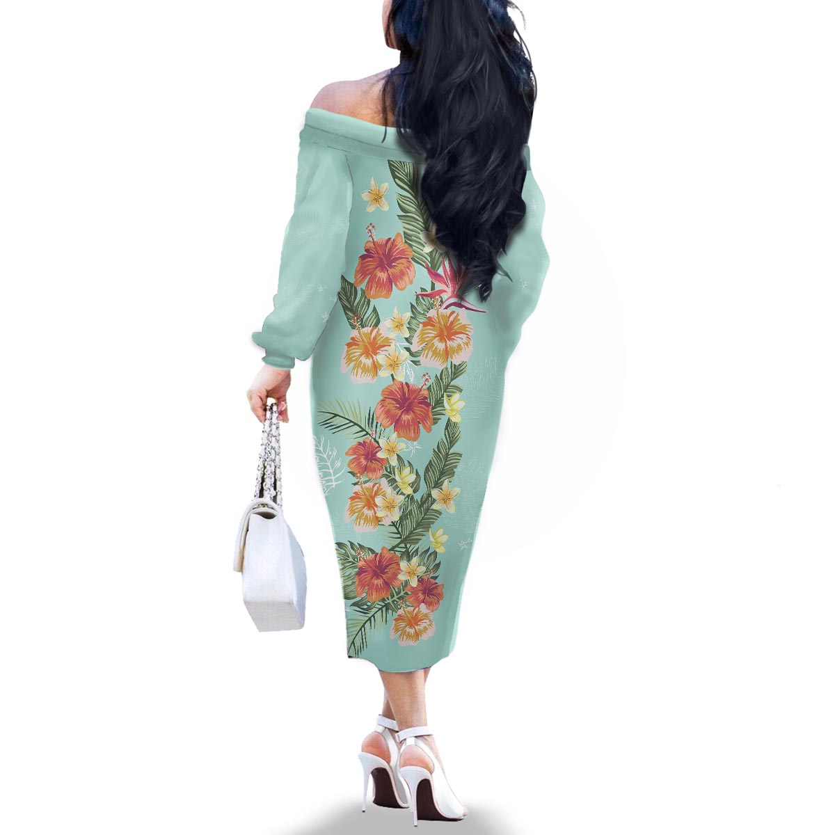 Hawaii Tropical Family Matching Outfit Hibiscus Flowers Polynesian Off Shoulder Long Sleeve Dress And Shirt Family Set