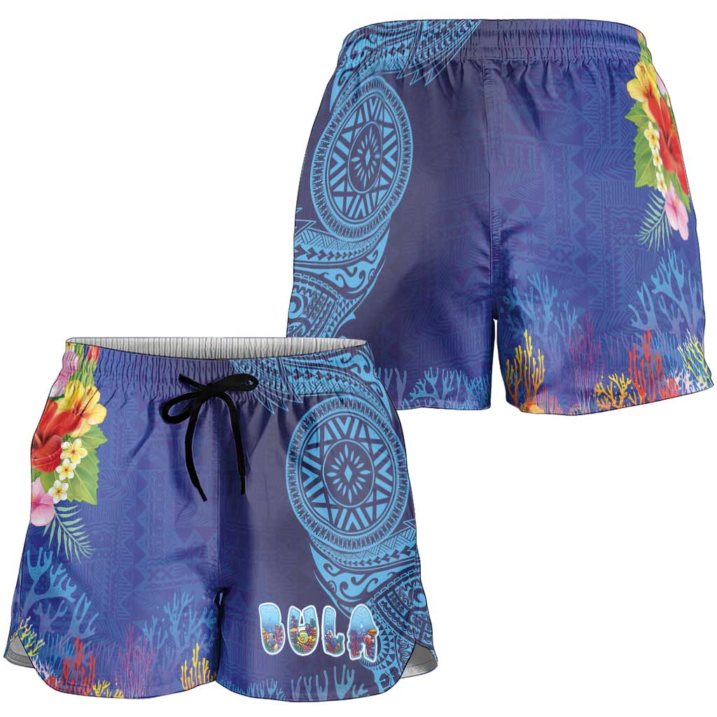 Fiji Day Shorts for Women Coral Reef with Tapa Motifs and Hibiscus Ocean Vibe LT03 - Polynesian Pride