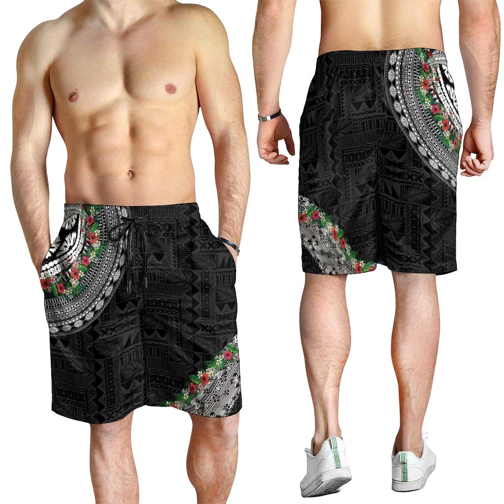 Fiji Hibiscus Shorts for Men Tapa Masi Motifs with Tropical Plants