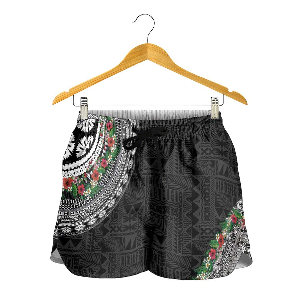 Fiji Hibiscus Shorts for Women Tapa Masi Motifs with Tropical Plants
