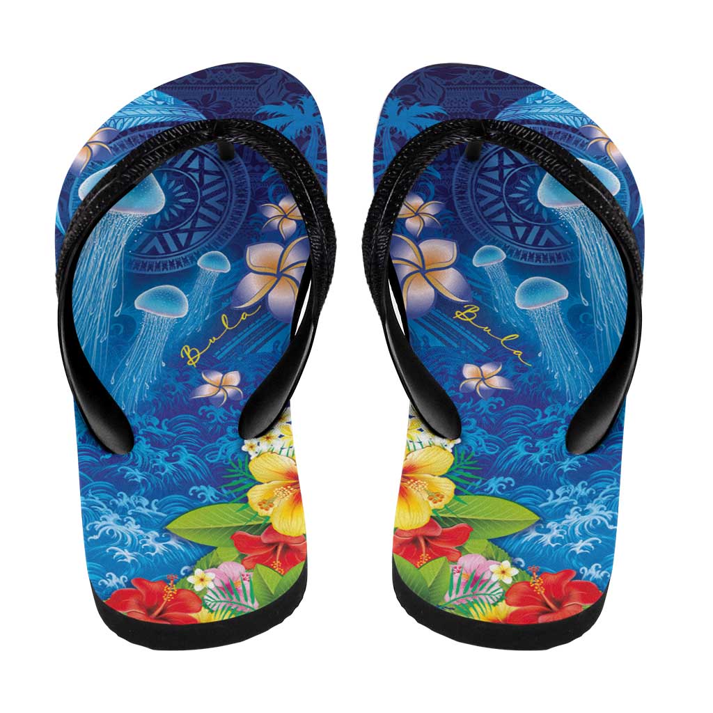 Fiji Jellyfish Flip Flops Tapa Patterns and Hibiscus Sea Vibe
