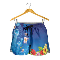 Fiji Jellyfish Shorts for Women Tapa Patterns and Hibiscus Sea Vibe