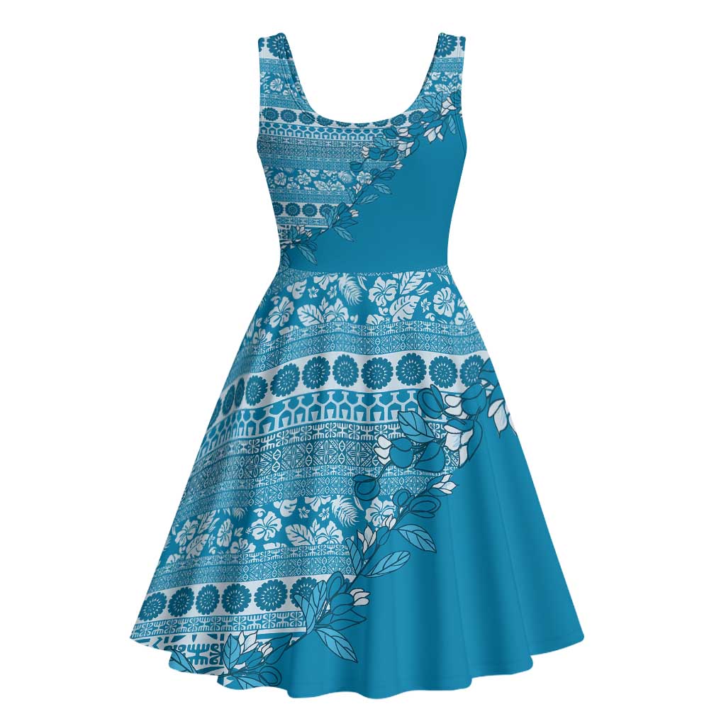 Fiji Marau na Kerisimasi Midi Dress Aqua Tagimoucia Tapa Masi Tribal - Polynesian Pride