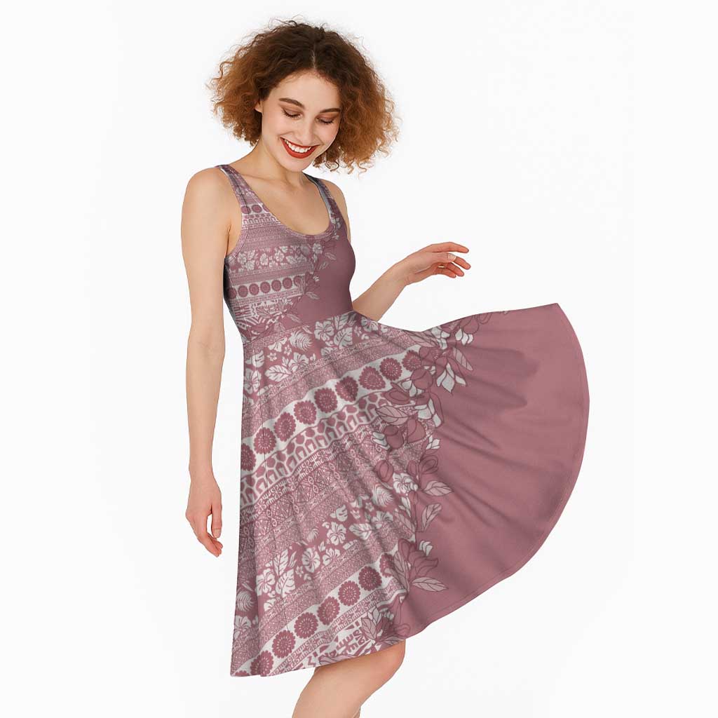 Fiji Marau na Kerisimasi Midi Dress Dusty Rose Tagimoucia Tapa Masi Tribal - Polynesian Pride