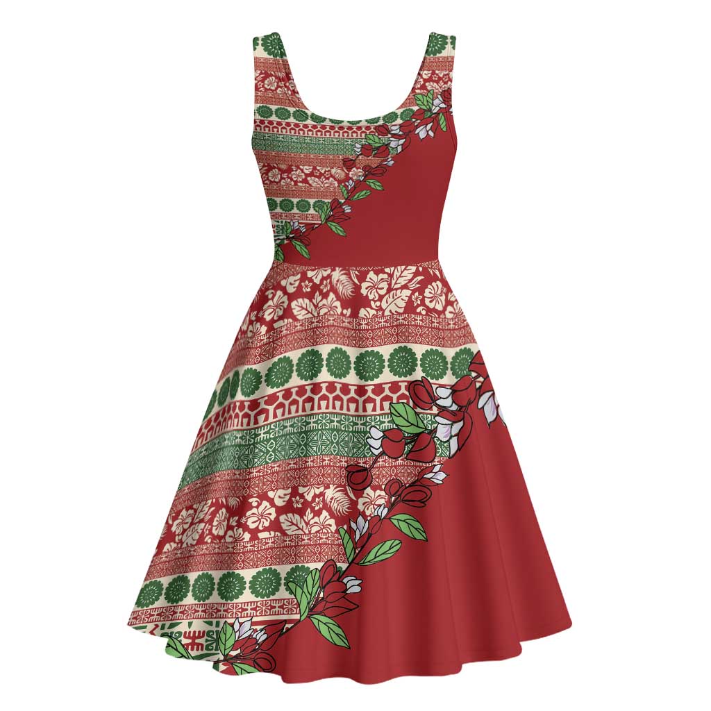 Fiji Marau na Kerisimasi Midi Dress Red Tagimoucia Tapa Masi Tribal - Polynesian Pride