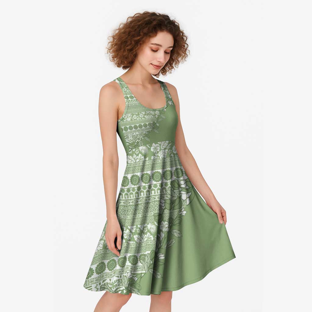 Fiji Marau na Kerisimasi Midi Dress Sage Green Tagimoucia Tapa Masi Tribal - Polynesian Pride