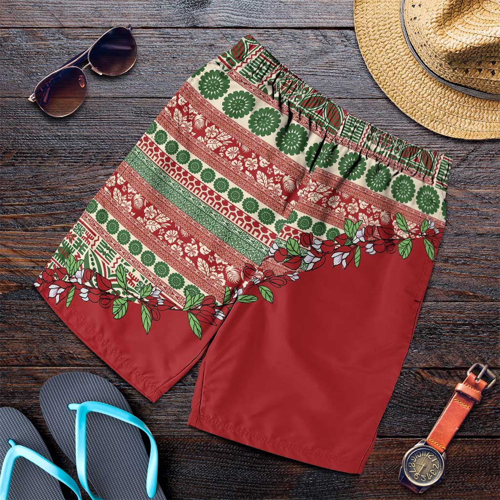 Fiji Marau na Kerisimasi Shorts for Men Red Tagimoucia Tapa Masi Tribal - Polynesian Pride