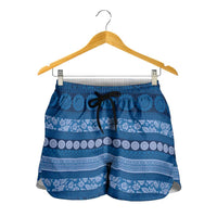 Fiji Marau na Kerisimasi Shorts for Women Blue Tapa Masi Inspired Christmas - Polynesian Pride