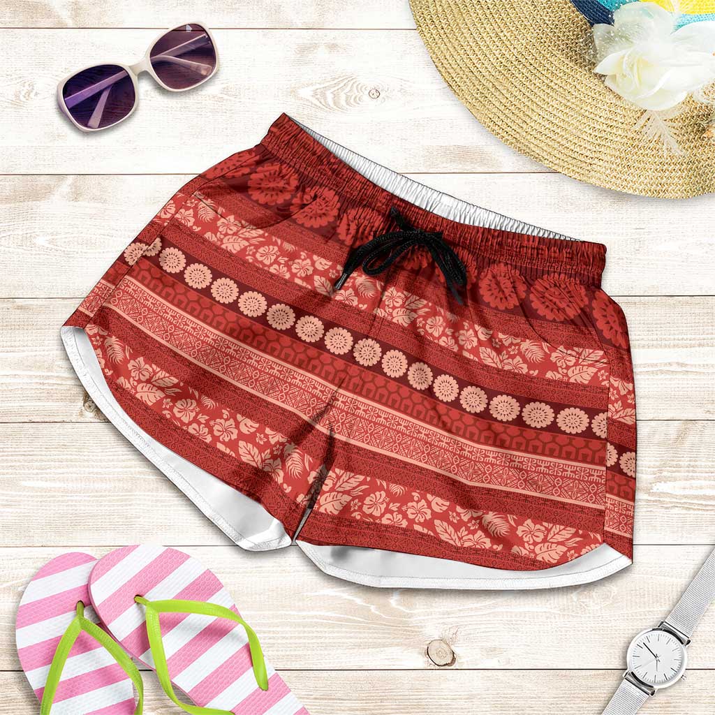 Fiji Marau na Kerisimasi Shorts for Women Red Tapa Masi Inspired Christmas - Polynesian Pride