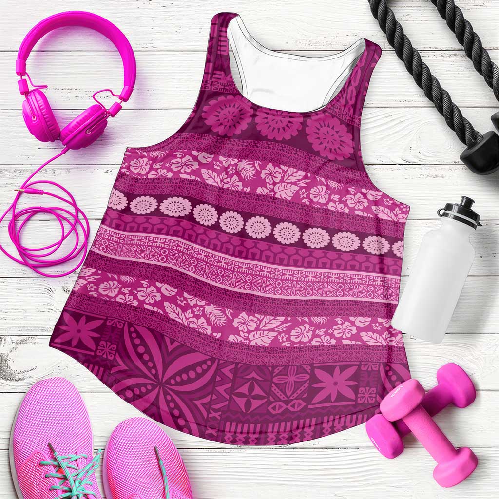 Fiji Marau na Kerisimasi Women Racerback Tank Pink Tapa Masi Inspired Christmas - Polynesian Pride