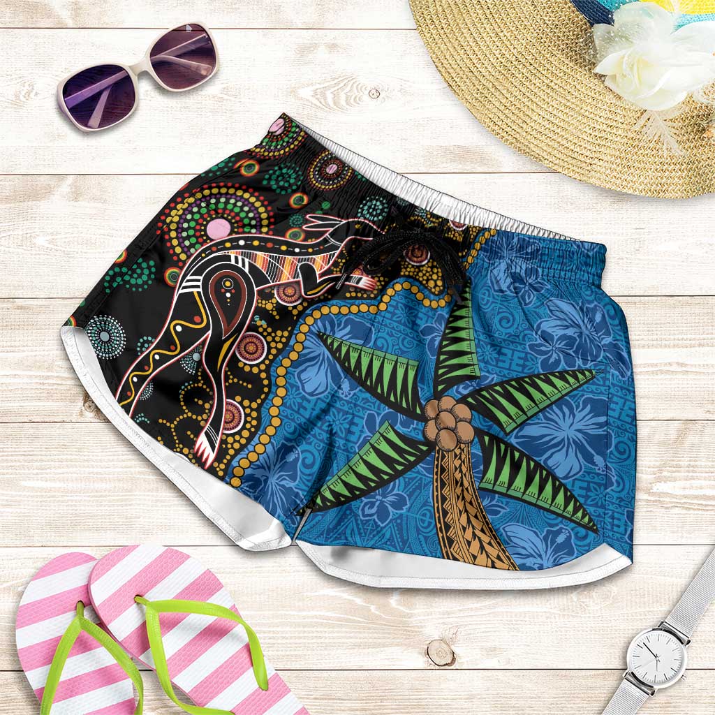Fijian and Australian Culture Together Shorts for Women Aboriginal Art and Tapa Motifs with Kangaroo and Palm Tree LT03 Black - Polynesian Pride
