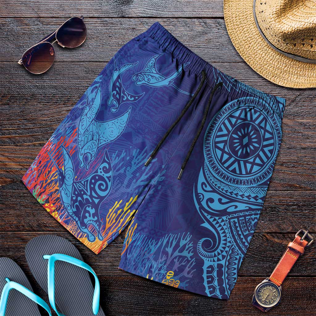 Fijian Tribal Manta Ray Shorts for Men Masi Motif with Coral Reef Ocean Vibe LT03 Blue - Polynesian Pride