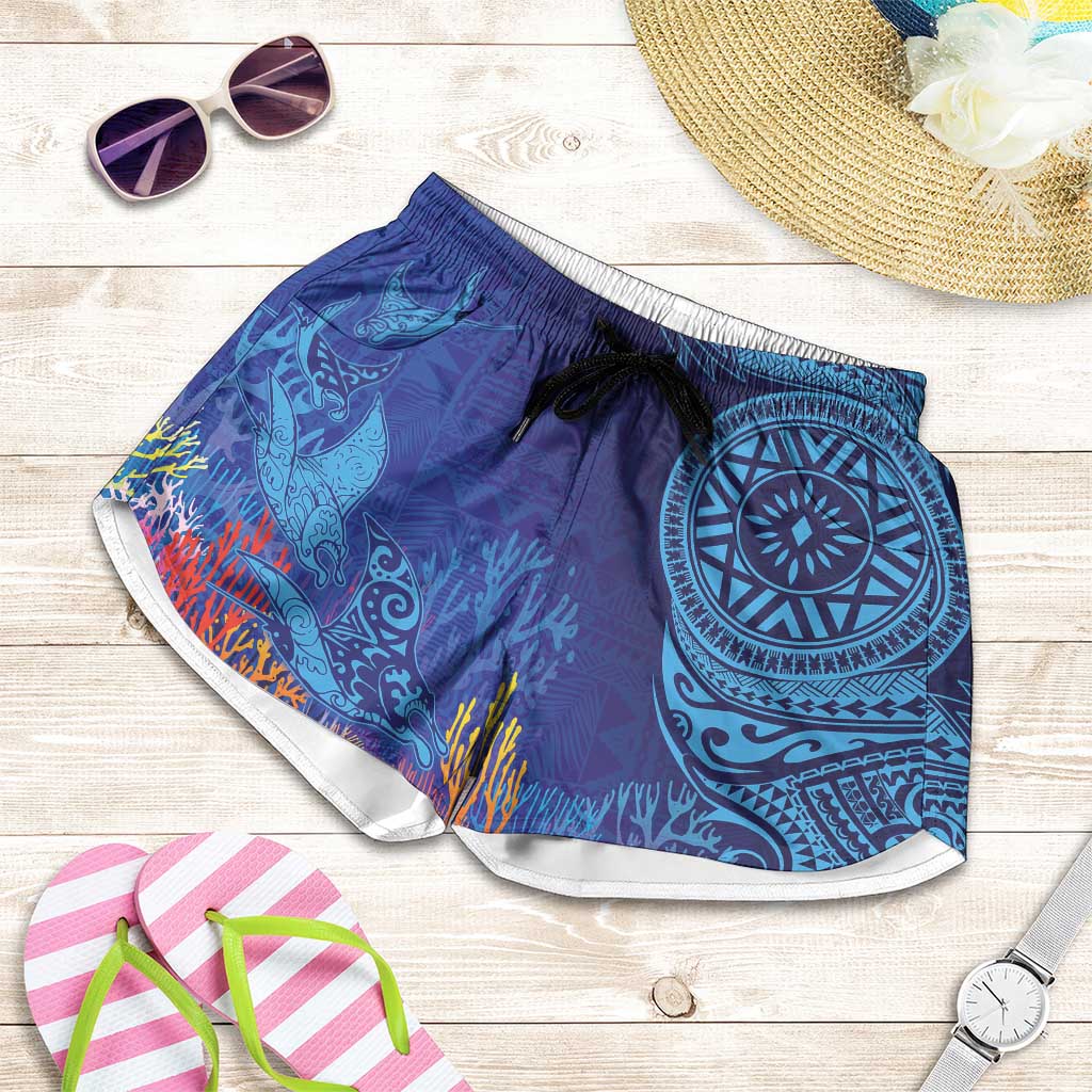 Fijian Tribal Manta Ray Shorts for Women Masi Motif with Coral Reef Ocean Vibe LT03 Blue - Polynesian Pride