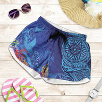 Fijian Tribal Manta Ray Shorts for Women Masi Motif with Coral Reef Ocean Vibe LT03 Blue - Polynesian Pride