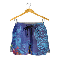 Fijian Tribal Manta Ray Shorts for Women Masi Motif with Coral Reef Ocean Vibe LT03 - Polynesian Pride