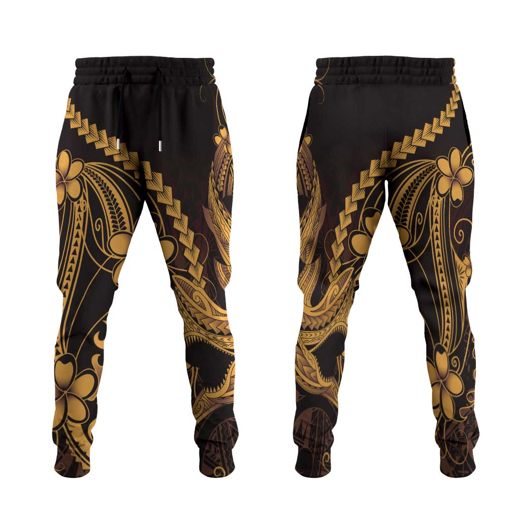 Gold Black Aloha Hawaii Jogger Pants Polynesian Shark Tattoo With Plumeria - Polynesian Pride