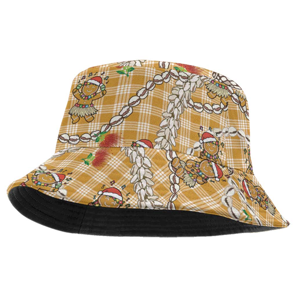 Gold Palaka Hawaii Mele Kalikimaka Bucket Hat Ohia Lehua Shell Leis Funny Gingerbread Santa - Polynesian Pride