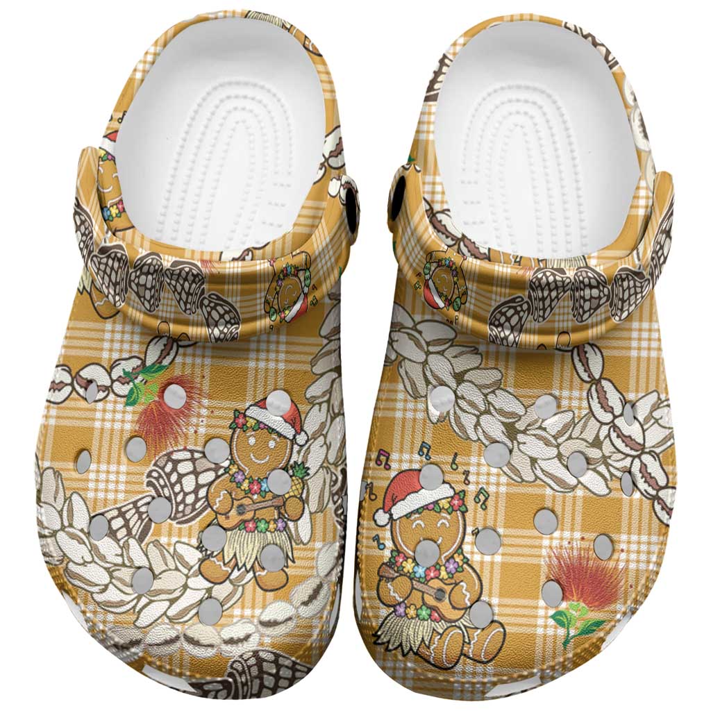 Gold Palaka Hawaii Mele Kalikimaka Clogs Shoes Ohia Lehua Shell Leis Funny Gingerbread Santa - Polynesian Pride
