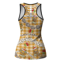 Gold Palaka Hawaii Mele Kalikimaka Hollow Tank Top Ohia Lehua Shell Leis Funny Gingerbread Santa - Polynesian Pride
