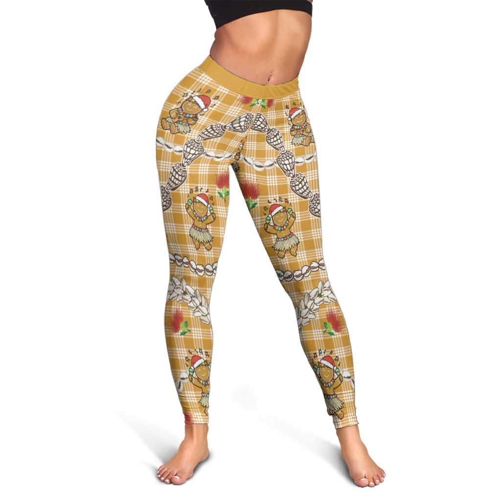 Gold Palaka Hawaii Mele Kalikimaka Leggings Ohia Lehua Shell Leis Funny Gingerbread Santa - Polynesian Pride