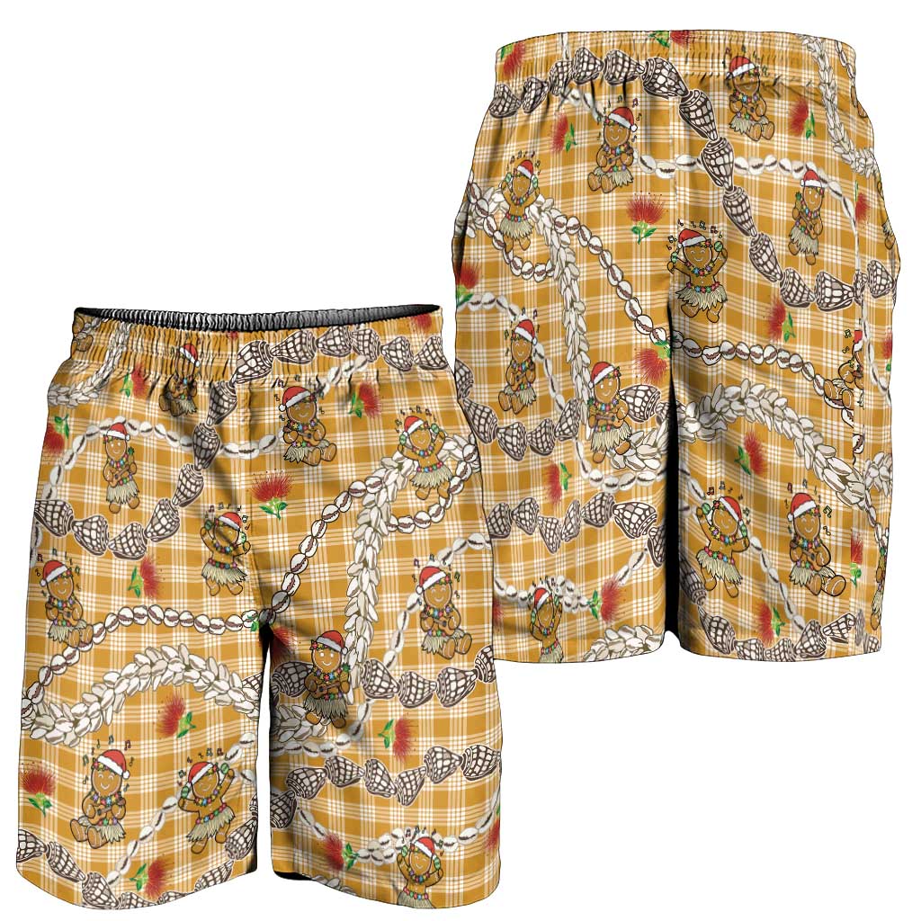 Gold Palaka Hawaii Mele Kalikimaka Shorts for Men Ohia Lehua Shell Leis Funny Gingerbread Santa - Polynesian Pride