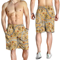Gold Palaka Hawaii Mele Kalikimaka Shorts for Men Ohia Lehua Shell Leis Funny Gingerbread Santa - Polynesian Pride