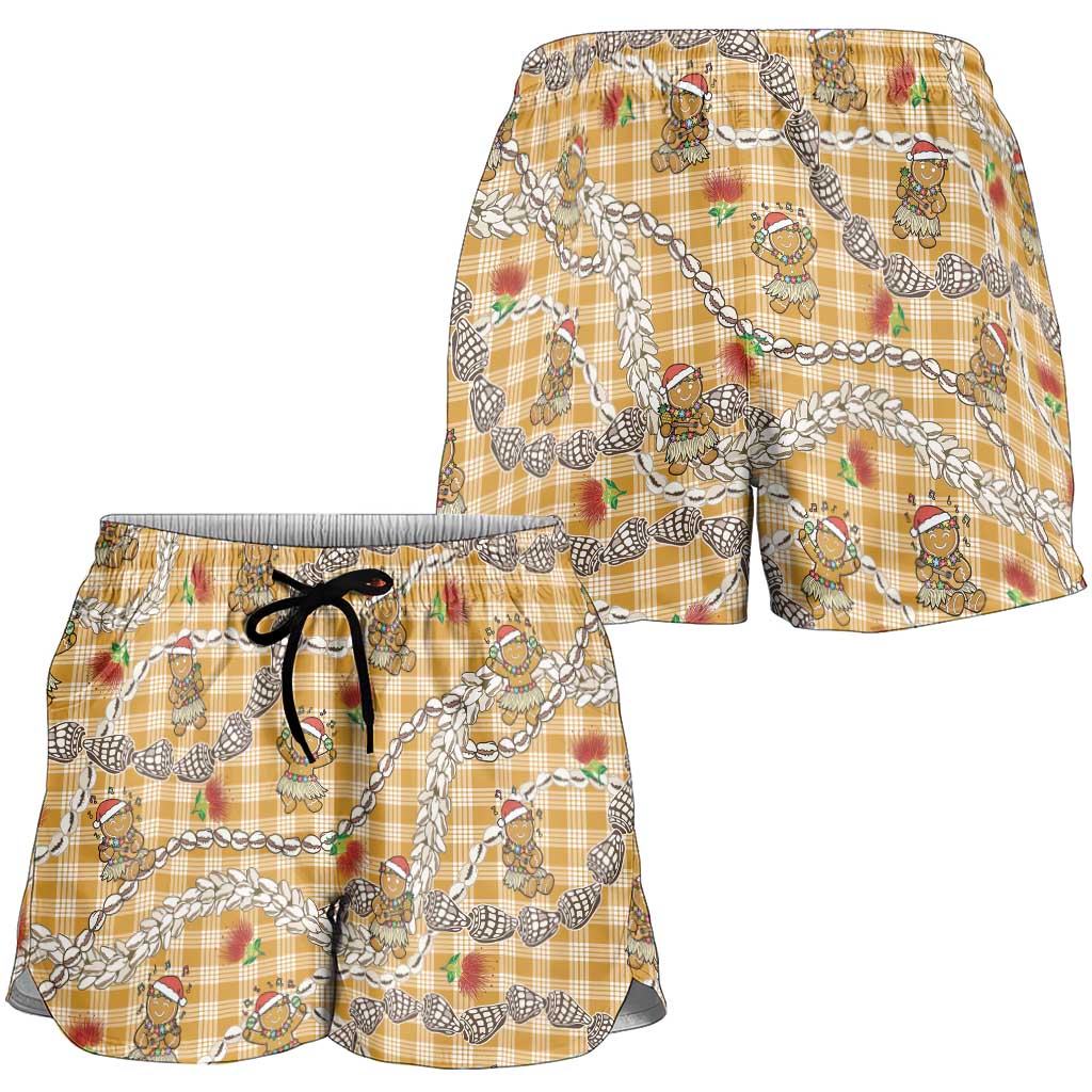 Gold Palaka Hawaii Mele Kalikimaka Shorts for Women Ohia Lehua Shell Leis Funny Gingerbread Santa - Polynesian Pride