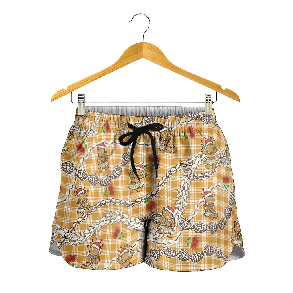 Gold Palaka Hawaii Mele Kalikimaka Shorts for Women Ohia Lehua Shell Leis Funny Gingerbread Santa - Polynesian Pride