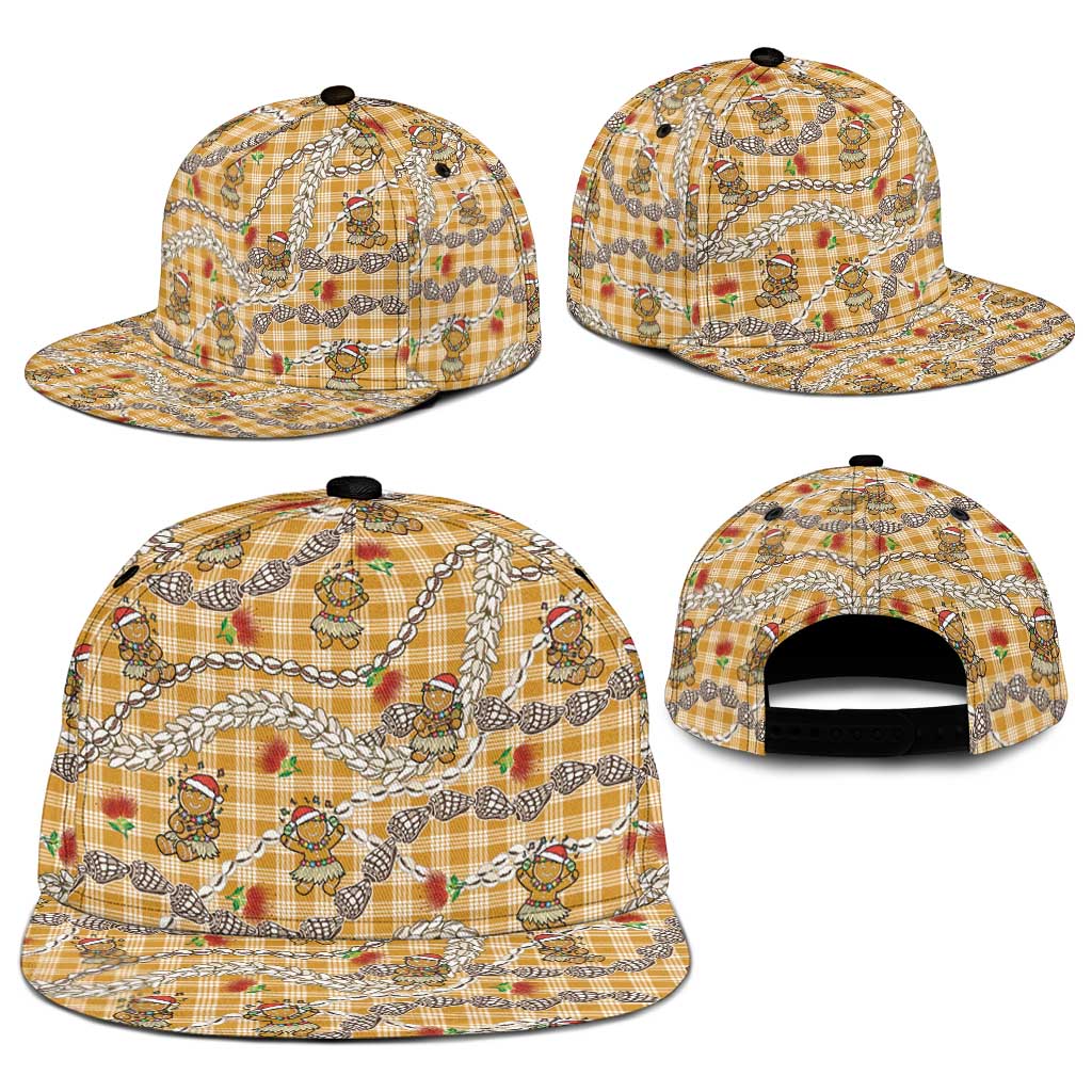 Gold Palaka Hawaii Mele Kalikimaka Snapback Cap Ohia Lehua Shell Leis Funny Gingerbread Santa - Polynesian Pride