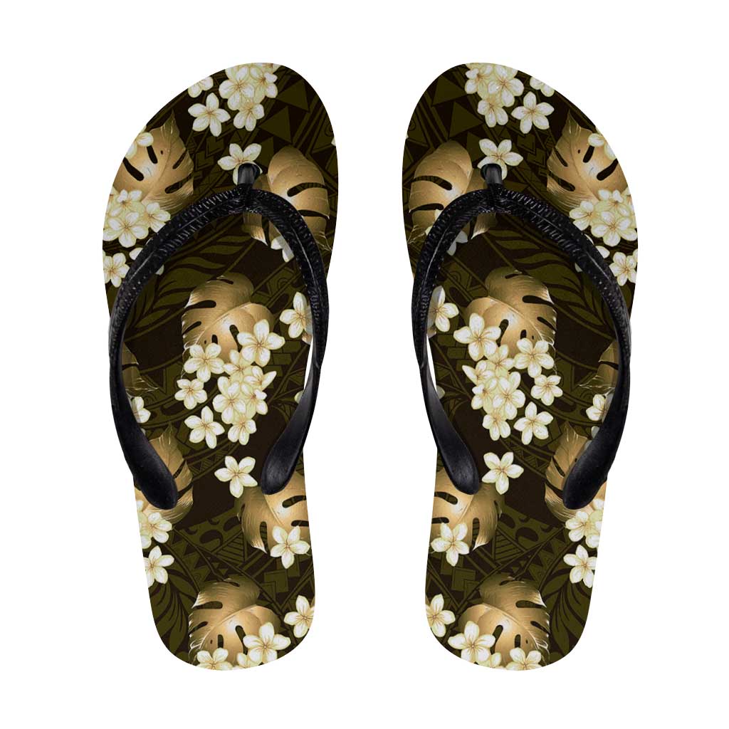 Gold Tropical Hawaii Flip Flops Seamless Monstera Plumeria Hawaiian Pattern - Polynesian Pride