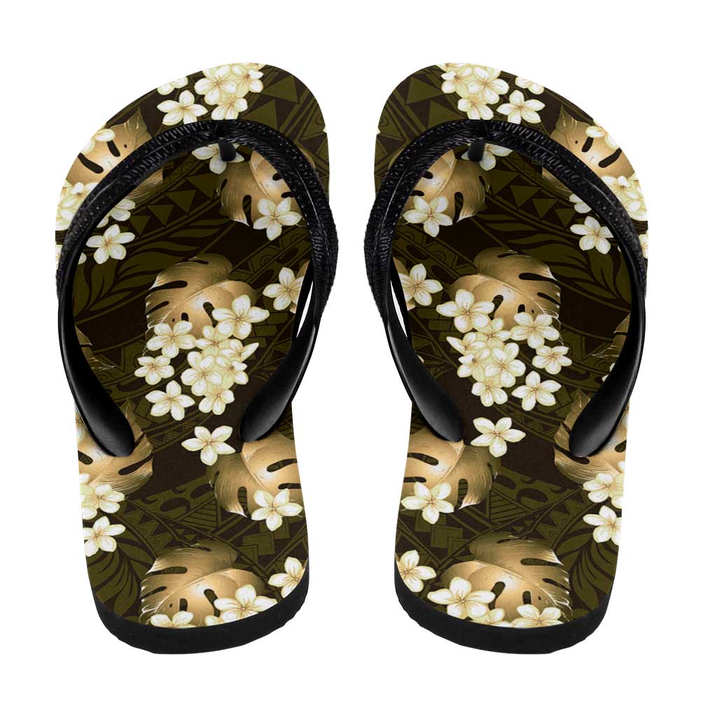 Gold Tropical Hawaii Flip Flops Seamless Monstera Plumeria Hawaiian Pattern - Polynesian Pride