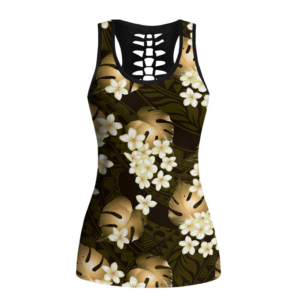 Gold Tropical Hawaii Hollow Tank Top Seamless Monstera Plumeria Hawaiian Pattern - Polynesian Pride