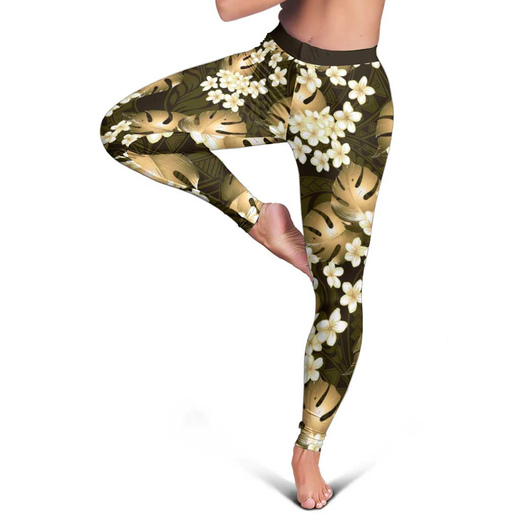 Gold Tropical Hawaii Leggings Seamless Monstera Plumeria Hawaiian Pattern - Polynesian Pride