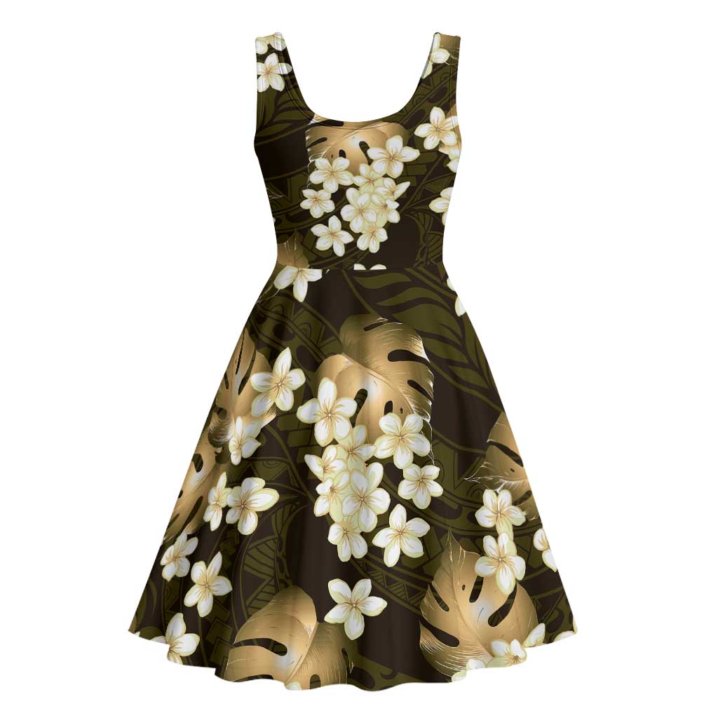 Gold Tropical Hawaii Midi Dress Seamless Monstera Plumeria Hawaiian Pattern - Polynesian Pride