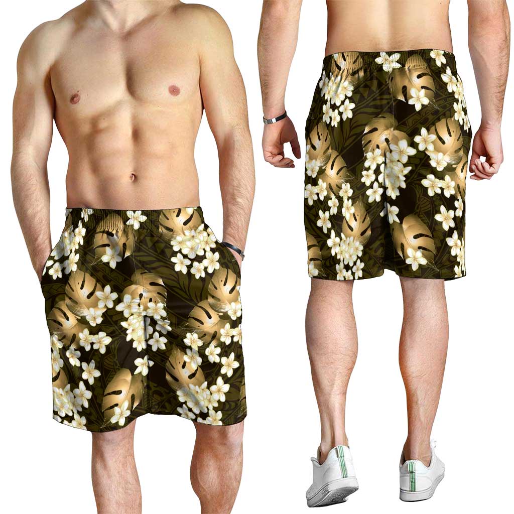 Gold Tropical Hawaii Shorts for Men Seamless Monstera Plumeria Hawaiian Pattern - Polynesian Pride