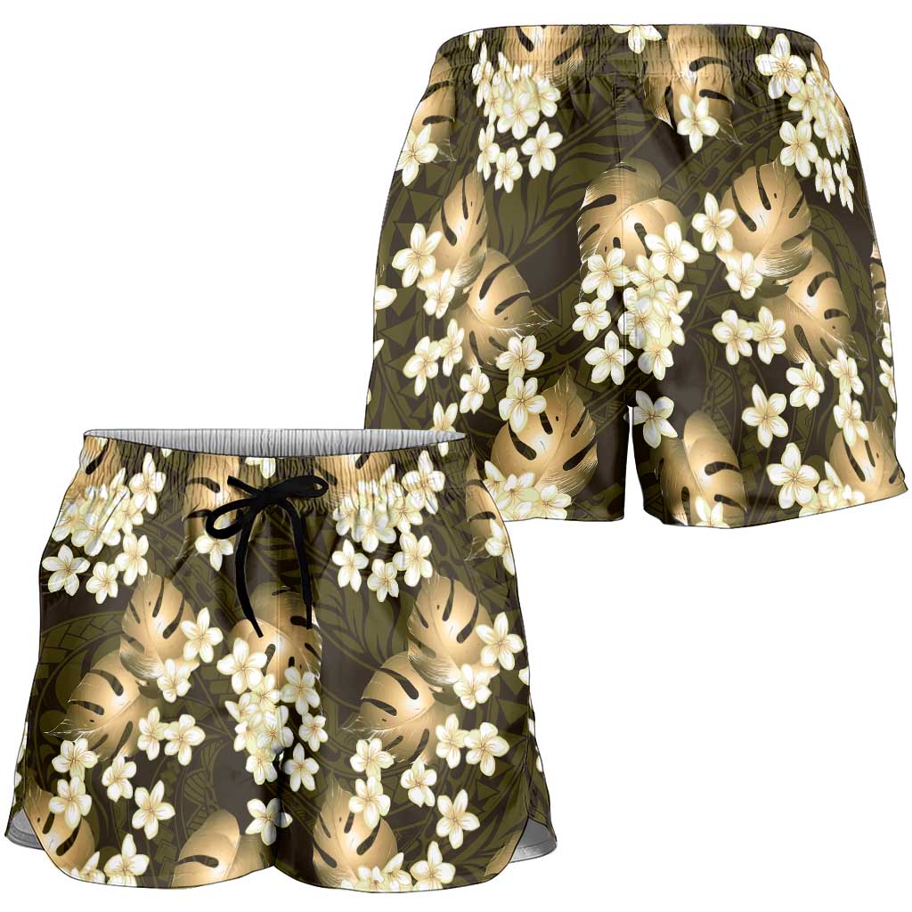 Gold Tropical Hawaii Shorts for Women Seamless Monstera Plumeria Hawaiian Pattern - Polynesian Pride