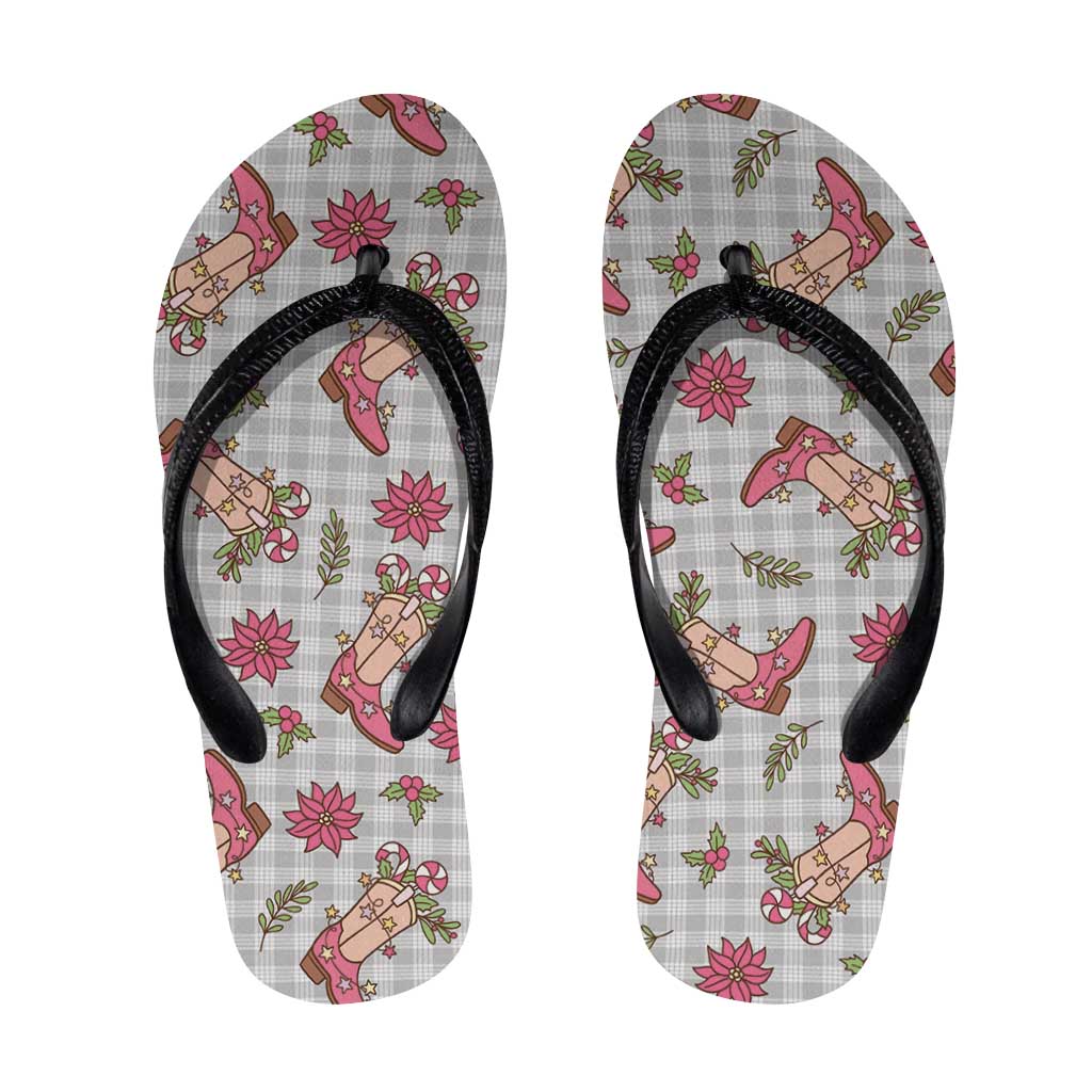 Gray Paniolo Palaka Hawaiian Cowgirl Christmas Flip Flops - Polynesian Pride